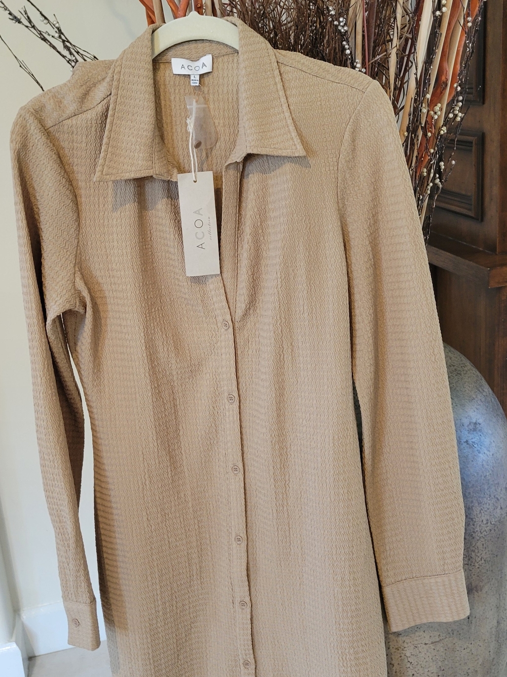 ACOA Long Sleeve Button-Front Maxi Dress in Beige